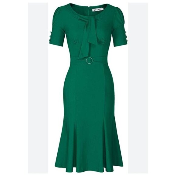 MUXXN Womens Vintage 1950s Midi Crew Neck Bodycon Dress Green Size XXL Stunning - Picture 4 of 13